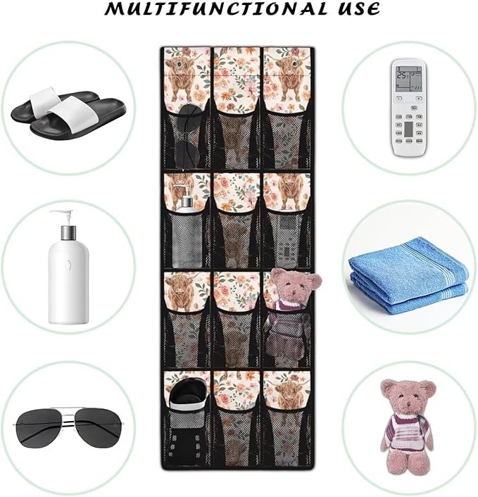 Roses and Highland Cow Over The Door Organizer for Dorm Room Essentials Large Pockets Shoe Organizer Door Hanger for Living Room,Mesh Pockets with 4 Metal Hook