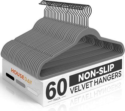 HOUSE DAY Grey Velvet Hangers 60 Pack, Non Slip Felt Hangers, Heavy Duty Velvet Clothes Hanger, Ultra Slim Hanger Space Saving, Perfect for Shirt, Suits, Pants
