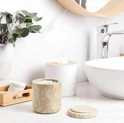 Marble Qtip Holder with Lid Natural Cotton Ball Container for Cotton Swabs,Makeup Sponges,Bath Salt Large Capacity Bathroom Canisters Jars for Countertop Storage and Organization White (WH051)