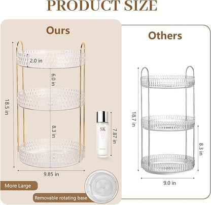 Rotating Makeup Organizer for Vanity, 3 Tier Perfume Skincare Storage for Women, Bathroom Counter Organizer, 360° Spinning Cosmetic Holder for Dresser Countertop, Clear