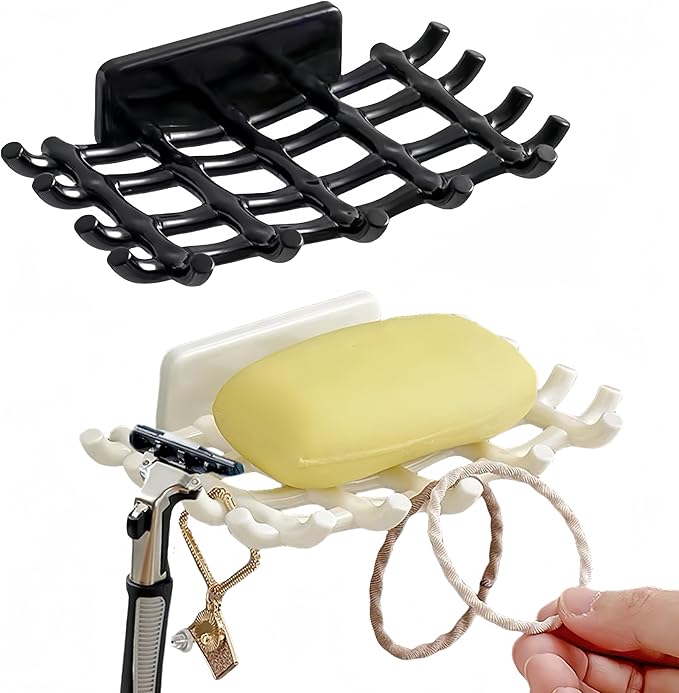 Soap Holder Soap Dish with Hooks Razor Holder Adhesive Bar Soap Holder No Drilling Soap Saver Tray for Shower Wall Bathroom Organizer Shower Rack Bathtub Sink (Black+White)