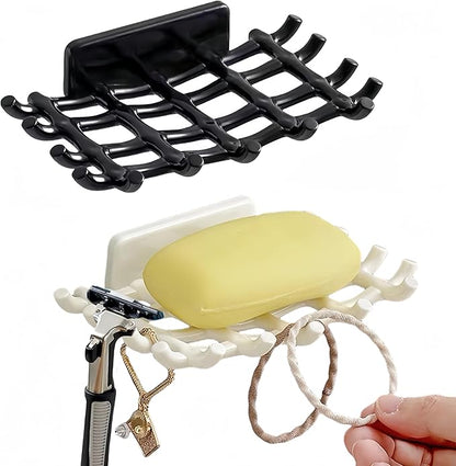 Soap Holder Soap Dish with Hooks Razor Holder Adhesive Bar Soap Holder No Drilling Soap Saver Tray for Shower Wall Bathroom Organizer Shower Rack Bathtub Sink (Black+White)