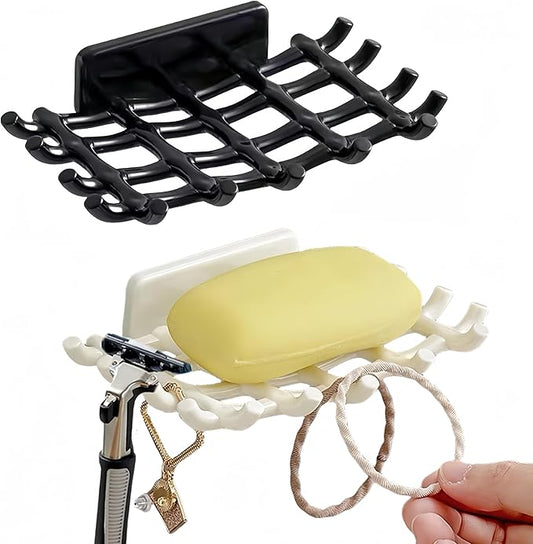 Soap Holder Soap Dish with Hooks Razor Holder Adhesive Bar Soap Holder No Drilling Soap Saver Tray for Shower Wall Bathroom Organizer Shower Rack Bathtub Sink (Black+White)