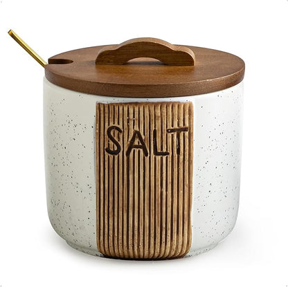 Salt Container for Countertop, Ceramic Salt Cellar with Lid and Spoons, 10 OZ Salt Bowl Holder for Mother's Day, White