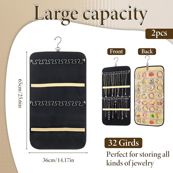 2 Pack Hanging Jewelry Organizer Storage with 32 Pockets and Hooks Dual-Sided Hanging Jewelry Organizers and Storage Hang on Closet, Wall, Door for Earrings, Necklaces, Rings,Blcak