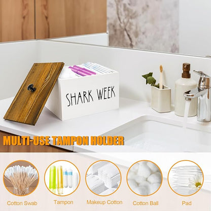 Hacaroa Tampon Holder for Bathroom, Shark Week Tampon Storage Organizer with Lid, Farmhouse Rustic Wood Pad Container Feminine Product Caddy Box for Bathroom Accessories, Movable Partition