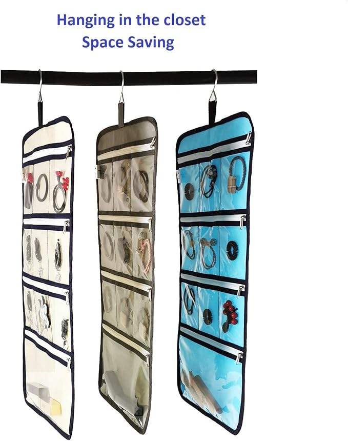Hanging Jewelry Organizer with 10 Zippered Clear Pockets for Travel Suitcase and Home Closet Jewelry Storage Bag (GREY)