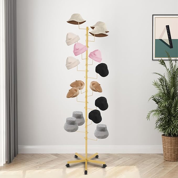 Freestanding Hat Rack - Hat Display Rack - Modern Large Freestanding Hat Rack Stand - Hat Display Stand for Cloakrooms, Entrances, Bedrooms, Clothing Stores, Trade Exhibitions (Gold)