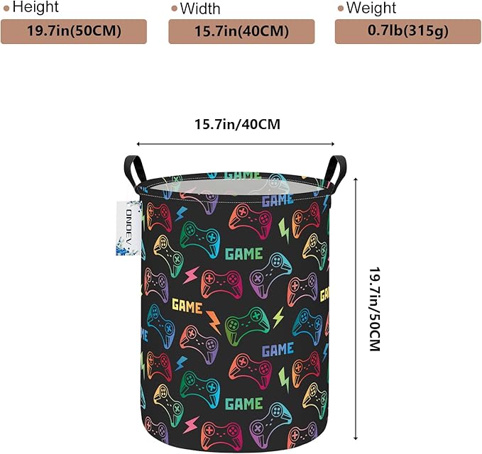 Round Game Controller Laundry Basket,Collapsible Laundry Hamper for Kids Boys,Waterproof Video Game Toy Storage Bin for Bedroom,Playroom, Boys Room,Gamer Gift (GAME)