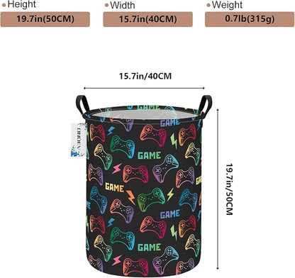 Round Game Controller Laundry Basket,Collapsible Laundry Hamper for Kids Boys,Waterproof Video Game Toy Storage Bin for Bedroom,Playroom, Boys Room,Gamer Gift (GAME)