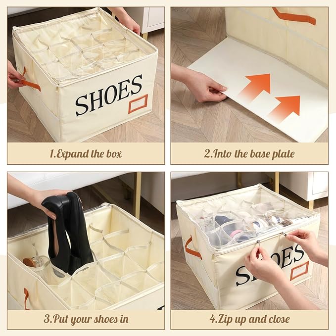 Amyhill Shoe Organizer for Closet Fits 16 Pairs Fabric Large Foldable Shoe Storage Box with Handles and Clear Cover Mesh Bags Printed SHOES Text for Closet Organizer Sneakers Heels Slippers