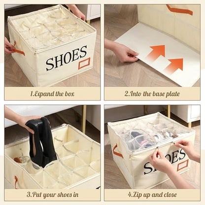 Amyhill Shoe Organizer for Closet Fits 16 Pairs Fabric Large Foldable Shoe Storage Box with Handles and Clear Cover Mesh Bags Printed SHOES Text for Closet Organizer Sneakers Heels Slippers
