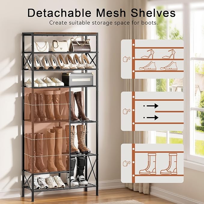 10-Tier Shoe Rack, Shoe Storage Organizer with Boots Storage, Large Capacity Shoe Shelf Holds 27-30 Pairs of Shoes, Durable and Stable, for Entryway, Closet, Hallway, Dorm Room, Rustic Brown