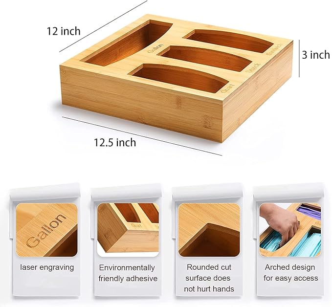 Bamboo Food Bag Storage Organizer for Kitchen Drawer, Baggie Holder for Solimo, Glad, Hefty Gallon, Quart, Sandwich and Snack Variety Size Bags (1 Box 4 Slots)