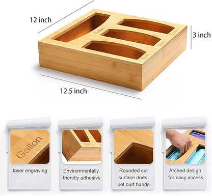 Bamboo Food Bag Storage Organizer for Kitchen Drawer, Baggie Holder for Solimo, Glad, Hefty Gallon, Quart, Sandwich and Snack Variety Size Bags (1 Box 4 Slots)