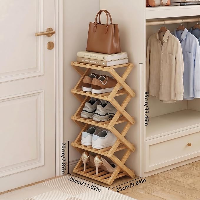 Narrow Shoe Rack, Foldable Bamboo Shoes Shelf for Small Spaces, Multifunctional Vertical Shoe Organizer Tall for Entryway, Closet, Corner, Bedroom, Hallway (Wood Color, 5 Layers)