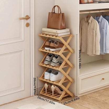 Narrow Shoe Rack, Foldable Bamboo Shoes Shelf for Small Spaces, Multifunctional Vertical Shoe Organizer Tall for Entryway, Closet, Corner, Bedroom, Hallway (Wood Color, 5 Layers)