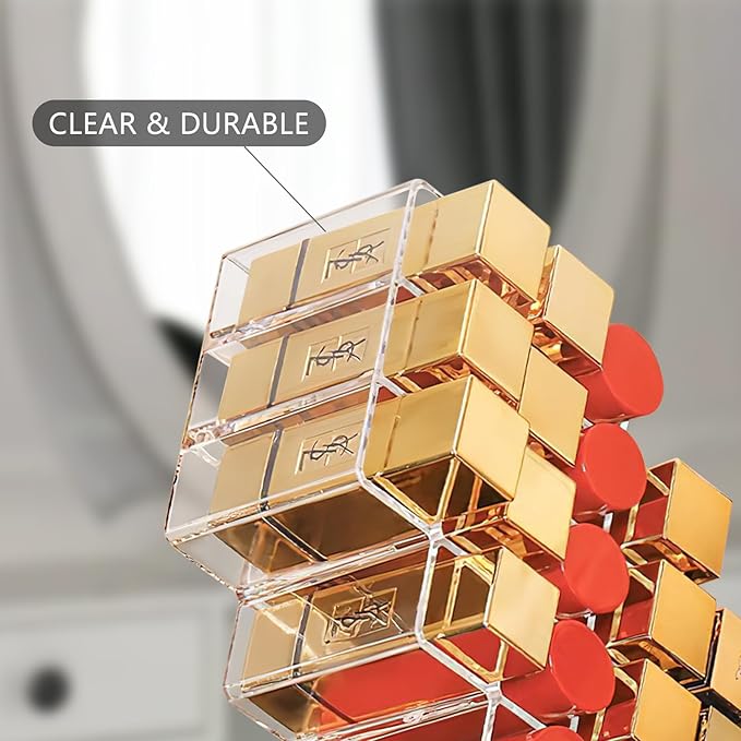 Lipstick Organizer, 28 Slots Acrylic Lip Holder, Stackable Lip Gloss Organizer, Fish Lipstick Tower Holder Storage for Cosmetic Bathroom Vanity Countertop Display (28 Slots)