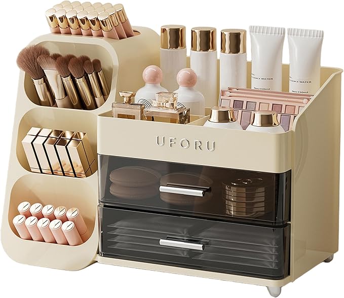 Makeup Organizer for Vanity with Brush Holder, Large Capacity Bathroom Countertop Skincare Organizer with 2 Drawers, Cosmetic Display Case for Perfumes, Eyeshadow Palettes, Nail Polishes
