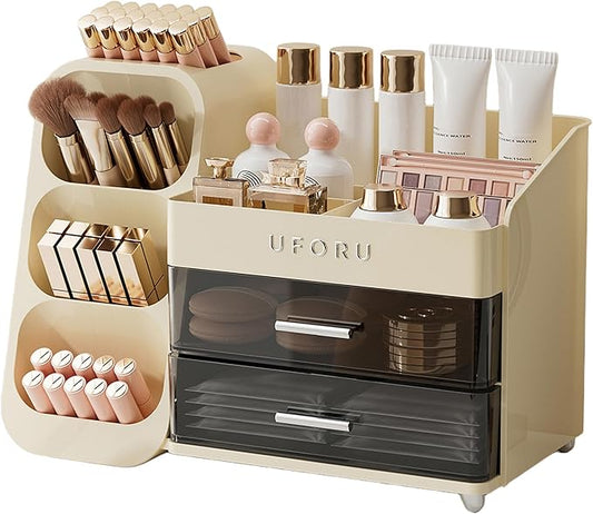 Makeup Organizer for Vanity with Brush Holder, Large Capacity Bathroom Countertop Skincare Organizer with 2 Drawers, Cosmetic Display Case for Perfumes, Eyeshadow Palettes, Nail Polishes