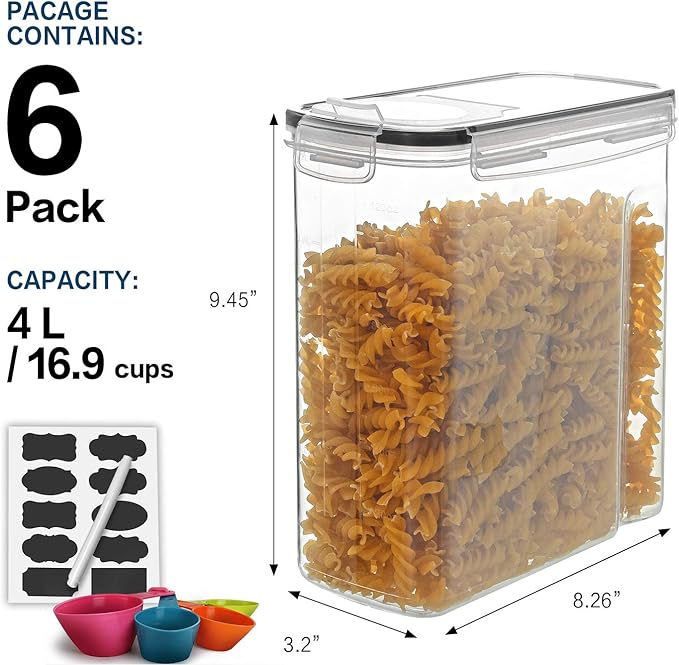 Cereal Container Set, MCIRCO Airtight Food Storage Containers ((4L /135.2oz) Set of 6, Cereal Dispensers with Measuring Tools