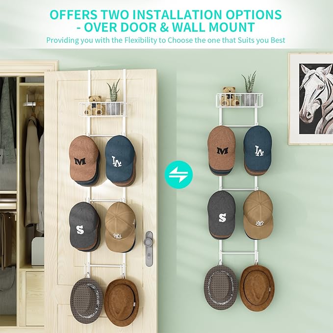 HapiRm Over Door Hat Rack - 2 Packs Wall Mounted Hat Holder with 6 Hooks and Metal Basket Design, Baseball Cap Organizer Storage Up to 32 Caps for Door, Bedroom, Closet, White