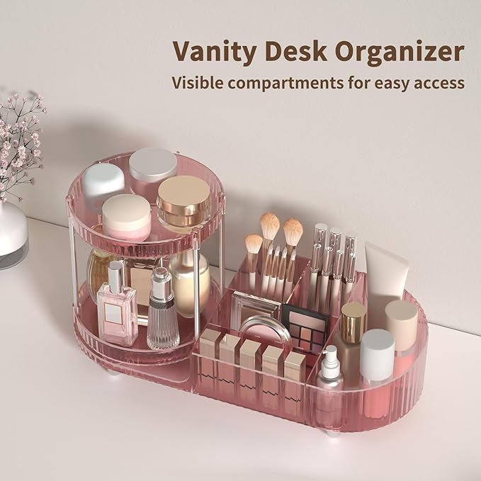 360 Rotating Makeup Organizer for Vanity, 2 Perfume Trays with 5 Compartments Cosmetic & Skincare Storage, Multi-Purpose Countertop Organizers for Bathroom, Desk, Pantry, Space-Saving Beauty Organizer