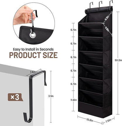 7 Tier Over The Door Shoe Organizer, Hanging Shoe Rack for Closet with Dustproof Mesh Curtain & 6 Side Pockets, Behind The Door Narrow Shoe Holder Hanger for Sneakers, Boots (Black)