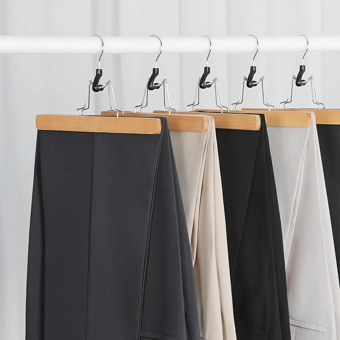 TOPIA HANGER 12 Pack Wooden Pants Hangers, Hair Extension Hangers Non Slip Skirt Hanger Wood Clamp with Velvet Padded 360° Swivel Hook for Jeans, Skirts, Trousers, Wigs Natural CT67N