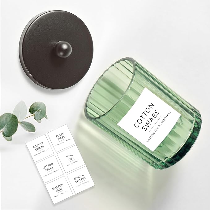 Amolliar Sage Green Glass Apothecary Jar With Metal Lid & Stickers, Bathroom Qtip Holder Dispenser for Cotton Swabs, Balls, Round Pads, Bath Salt, Floss, Countertop Canister Storage, Bronze 2 Pack