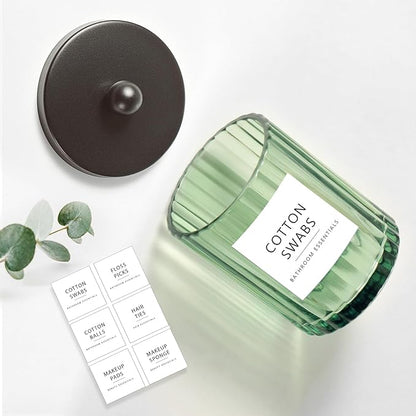 Amolliar Sage Green Glass Apothecary Jar With Metal Lid & Stickers, Bathroom Qtip Holder Dispenser for Cotton Swabs, Balls, Round Pads, Bath Salt, Floss, Countertop Canister Storage, Bronze 2 Pack