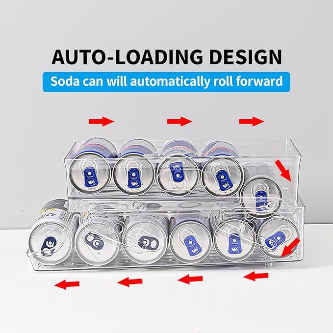 Soda Can Organizer for Refrigerator, 2 Tier Automatic Loading Drink Organizer for Fridge with Portable Handle for Kitchen Drink Pantry, Can Organizer for Refrigerator