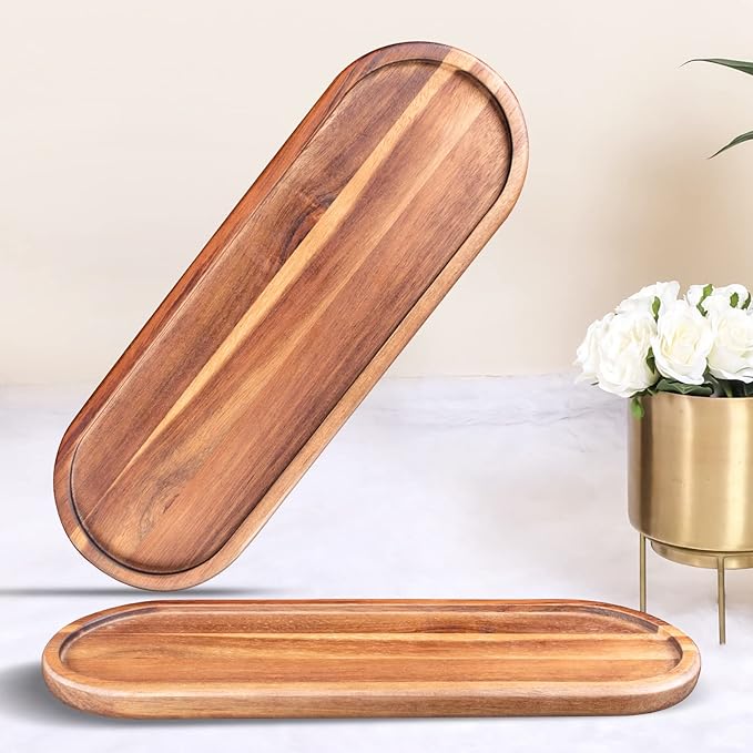 Wooden Decorative Trays 2PCS Farmhouse Wood Trays Bathroom Vanity Bathroom Counter Wood Tray Home Rustic Decor Trays, Bath Tray Countertop, Wooden Plates for Decorative Vanity Decor