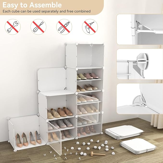 Portable Shoe Rack Organizer with Door, 96 Pairs Shoe Storage Cabinet Easy Assembly, Plastic Adjustable Shoe Storage Organizer Stackable Detachable Free Standing DIY Expandable 12 Tier White