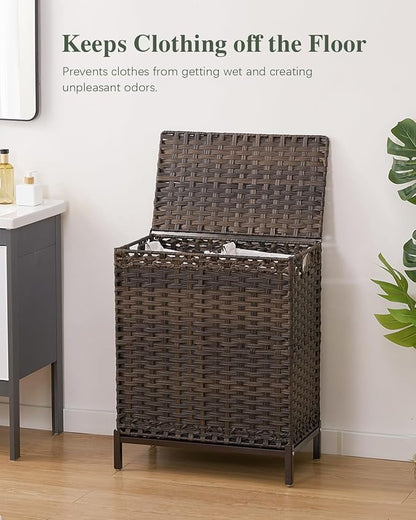 SETVSON Laundry Hamper with Lid, 112 L Handwoven Rattan Wicker Laundry Basket, 2 Removable Liner Bags Metal Heightened Feet, 6 Mesh Bags, 2 Section Large Clothes Hamper for Bathroom Bedroom, Brown