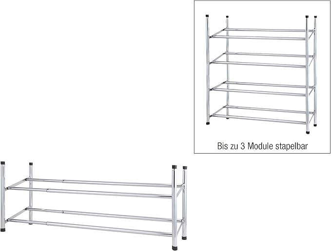 Axentia Chromed Metal 2 Tier Shoe Rack - Stackable Telescopic Shoe Rack for Organising 6 to 12 Pairs, Extendable from 62-115 cm