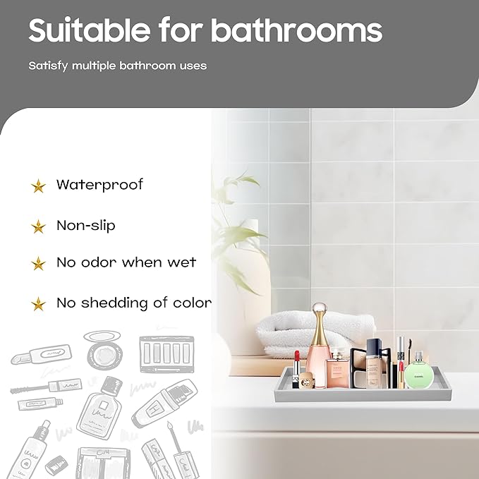 Vanity and Bathroom Tray, 11.8" ABS Countertop Organizer,Waterproof Vanity Tray for Toilet Tank,Perfume,Soap,Keys,Bathroom Accessories,Kitchen and Bath Trays,Non Slip Small Trays,Gray