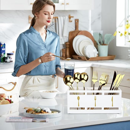 Ayiaren Wood Flatware Silverware Caddy White Cutlery Holder Kitchen Utensils Holder for Party Wooden Silverware Organizer for Countertop Knife Spoon and Fork Holder Table Utensil Caddy Organizer