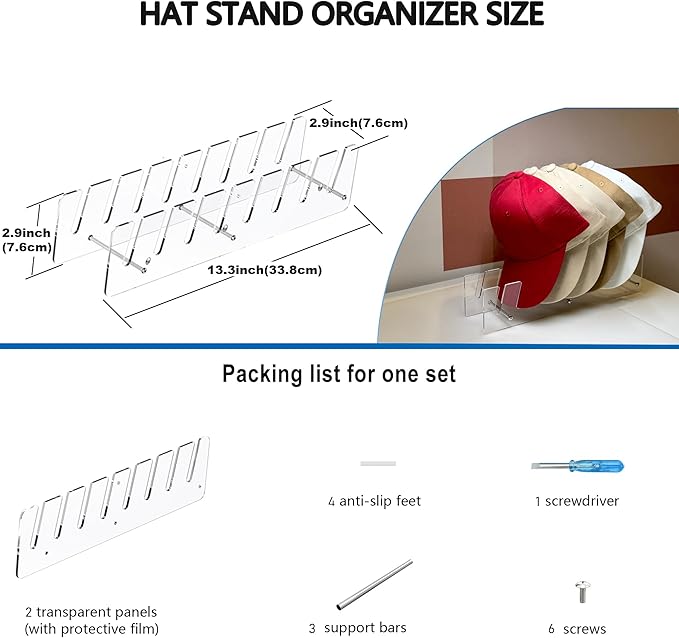 CARUUYI Hat Stand Organizer for Baseball Caps, Acrylic Hat Holder & Rack, 2PCS Clear Stand for 16 Caps, Ideal for Bedroom, Closet, Dresser, Office and Entrance (7, Clear)