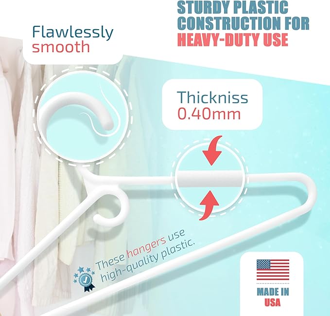 DEILSY™ Heavy Duty Plastic Hangers 10 Pack - Extra Heavy Duty Hangers for Clothes, Thick White Plastic Hangers, Strong Clothes Hangers with Hook for Scarves & Belts