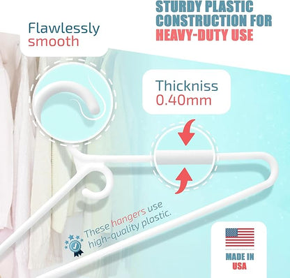 DEILSY™ Heavy Duty Plastic Hangers 10 Pack - Extra Heavy Duty Hangers for Clothes, Thick White Plastic Hangers, Strong Clothes Hangers with Hook for Scarves & Belts