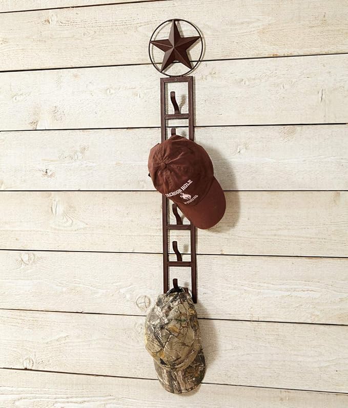 BLACK FOREST DECOR Rustic Metal Wall Cap Holder with Lone Star Design - Western Hat & Cap Rack