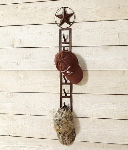 BLACK FOREST DECOR Rustic Metal Wall Cap Holder with Lone Star Design - Western Hat & Cap Rack
