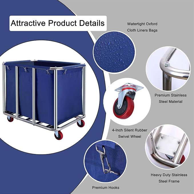Commercial Laundry Cart with Wheels, 470L Industrial Rolling Laundry Basket, Large Heavy Duty Laundry Sorter with Watertight Oxford Bag & Sturdy Steel Frame for Home, Hotel, Hospital, 440 lbs (Blue)