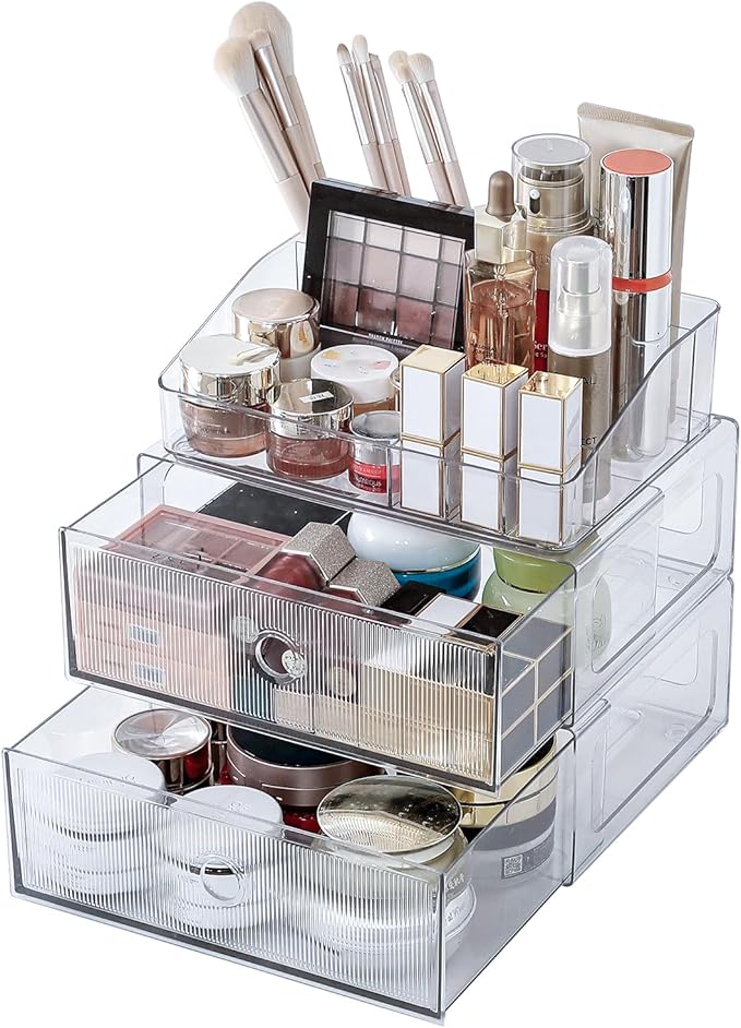 3-Tiers Makeup Organizer with Drawer, Stackable Skincare Storage Box for Vanity and Bathroom, Beauty Essentials, Cosmetic Brushes, Perfume Stand, Large Lipsticks Holder