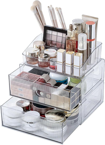 3-Tiers Makeup Organizer with Drawer, Stackable Skincare Storage Box for Vanity and Bathroom, Beauty Essentials, Cosmetic Brushes, Perfume Stand, Large Lipsticks Holder
