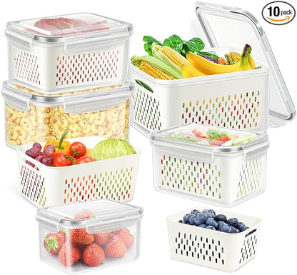 10 PS Fridge Food Storage Container with Colander, Plastic Fresh Produce Saver Keeper for Vegetable Fruit Berry Salad Lettuce Meat Fish, BPA Free Kitchen Refrigerator Organizer Bins (6.2L-0.8L)