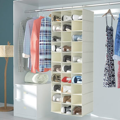 Libeder Hanging Closet Organizers 30 Section Shoe Shelves, Shoe Storage Hanging Shoe Holder, Breathable No-wover Fabric for Shoes, Beige