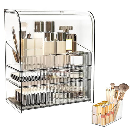 DASITON Clear Cover Dustproof Three layers Storage Box,Makeup Brush Holder,Large Capacity Desktop Storage Box with Drawer,for Beauty Products,Perfume,Jewelry,Nail Polish