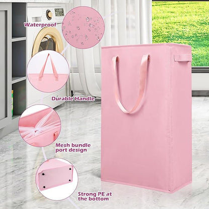 Odonata Slim Laundry Hamper Handles Collapsible Laundry Basket Thin Dirty Clothes Basket Narrow Laundry Bag Foldable Dirty Hamper 45L (Pink)